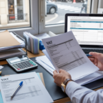 Scène réaliste d’un bureau comptable français où un professionnel examine des documents liés à la TVA avec un ordinateur affichant des formulaires fiscaux.