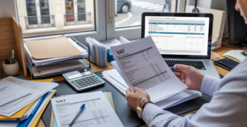 Scène réaliste d’un bureau comptable français où un professionnel examine des documents liés à la TVA avec un ordinateur affichant des formulaires fiscaux.