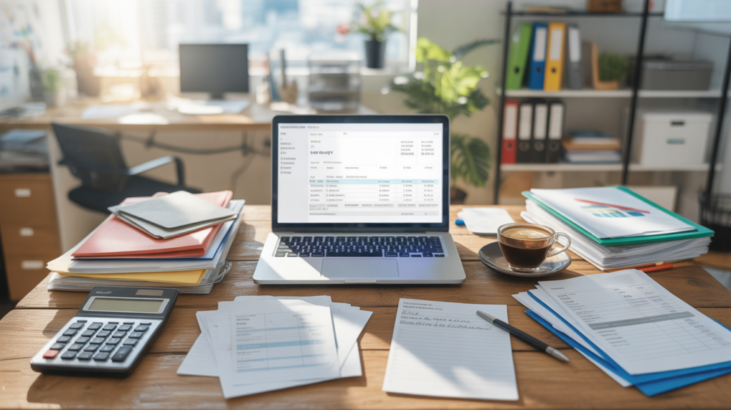 Bureau d’une petite entreprise avec ordinateur ouvert sur un tableau financier, documents comptables et lumière naturelle.