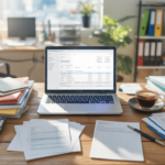 Bureau d’une petite entreprise avec ordinateur ouvert sur un tableau financier, documents comptables et lumière naturelle.