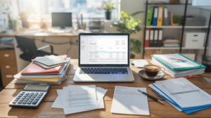 Bureau d’une petite entreprise avec ordinateur ouvert sur un tableau financier, documents comptables et lumière naturelle.