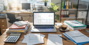 Bureau d’une petite entreprise avec ordinateur ouvert sur un tableau financier, documents comptables et lumière naturelle.