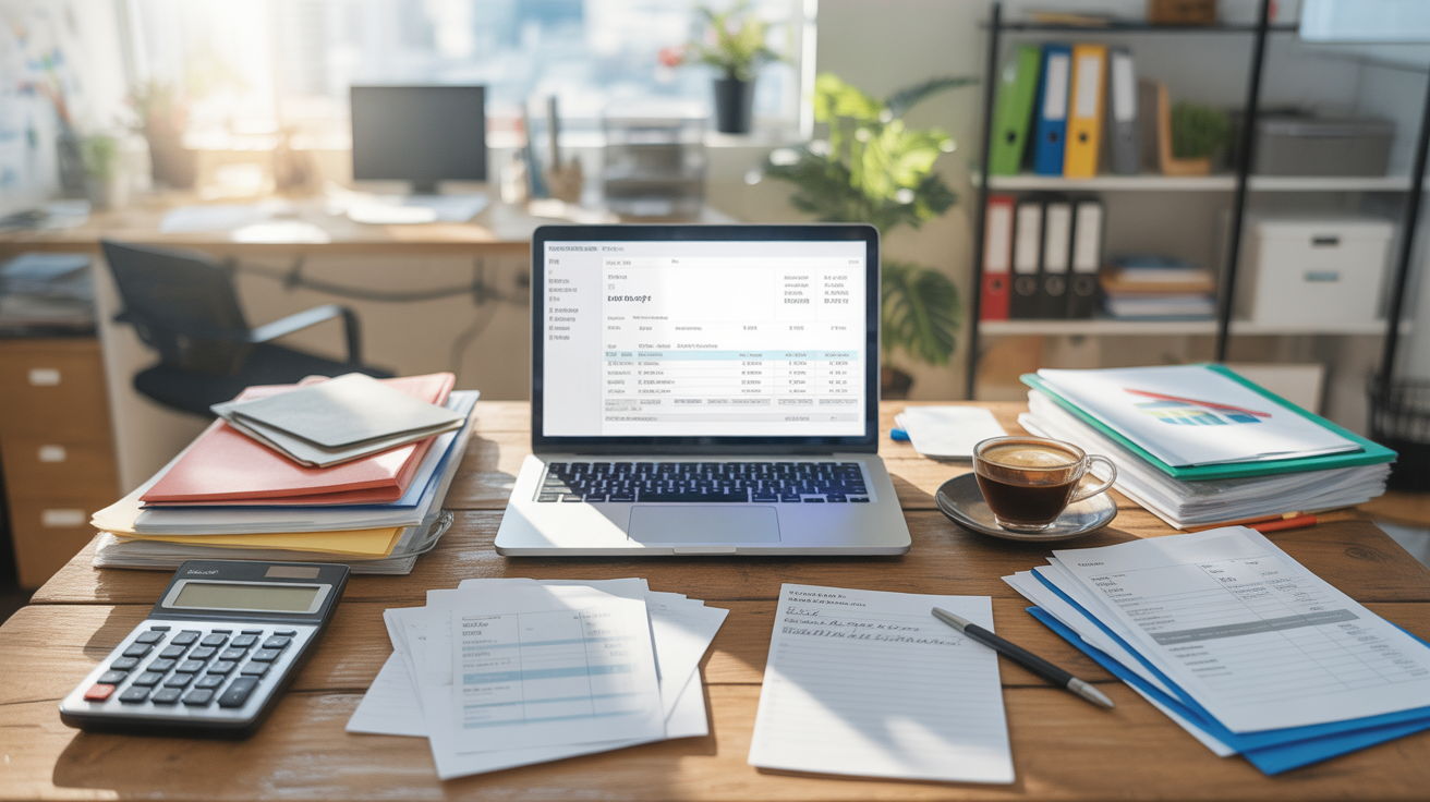 Bureau d’une petite entreprise avec ordinateur ouvert sur un tableau financier, documents comptables et lumière naturelle.