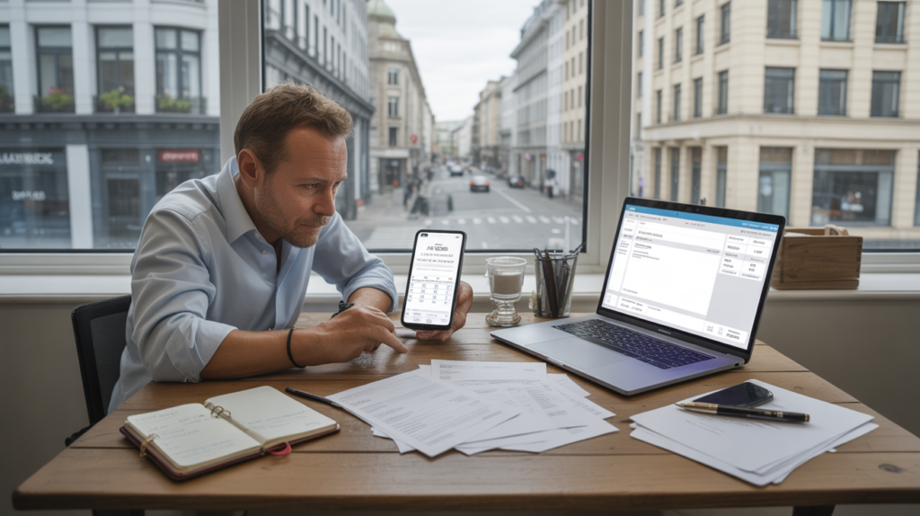 Scène réaliste d’un micro-entrepreneur travaillant dans un coworking moderne avec documents, ordinateur et vue naturelle sur la ville.