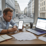 Scène réaliste d’un micro-entrepreneur travaillant dans un coworking moderne avec documents, ordinateur et vue naturelle sur la ville.