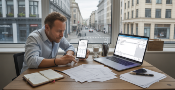 Scène réaliste d’un micro-entrepreneur travaillant dans un coworking moderne avec documents, ordinateur et vue naturelle sur la ville.