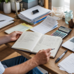 Scène réaliste d’un auto-entrepreneur tenant un livre de recettes ouvert sur un bureau en bois, entouré de reçus, d’un ordinateur et de documents.