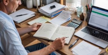 Scène réaliste d’un auto-entrepreneur tenant un livre de recettes ouvert sur un bureau en bois, entouré de reçus, d’un ordinateur et de documents.