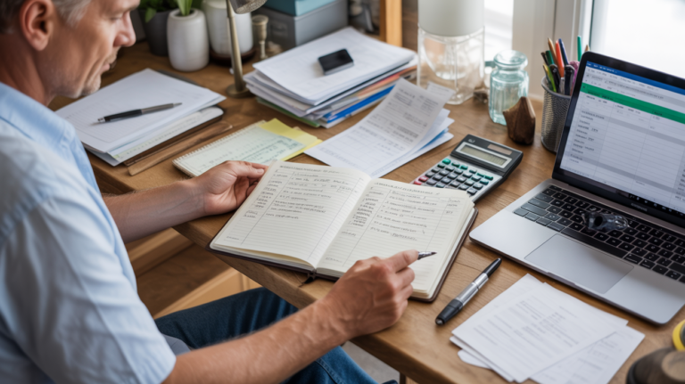 Scène réaliste d’un auto-entrepreneur tenant un livre de recettes ouvert sur un bureau en bois, entouré de reçus, d’un ordinateur et de documents.