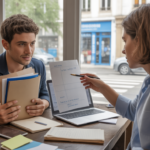 Scène réaliste d’un entrepreneur rencontrant un conseiller en microcrédit dans un espace de coworking lumineux et authentique.