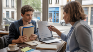 Scène réaliste d’un entrepreneur rencontrant un conseiller en microcrédit dans un espace de coworking lumineux et authentique.