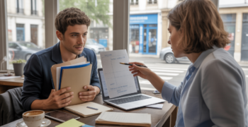 Scène réaliste d’un entrepreneur rencontrant un conseiller en microcrédit dans un espace de coworking lumineux et authentique.