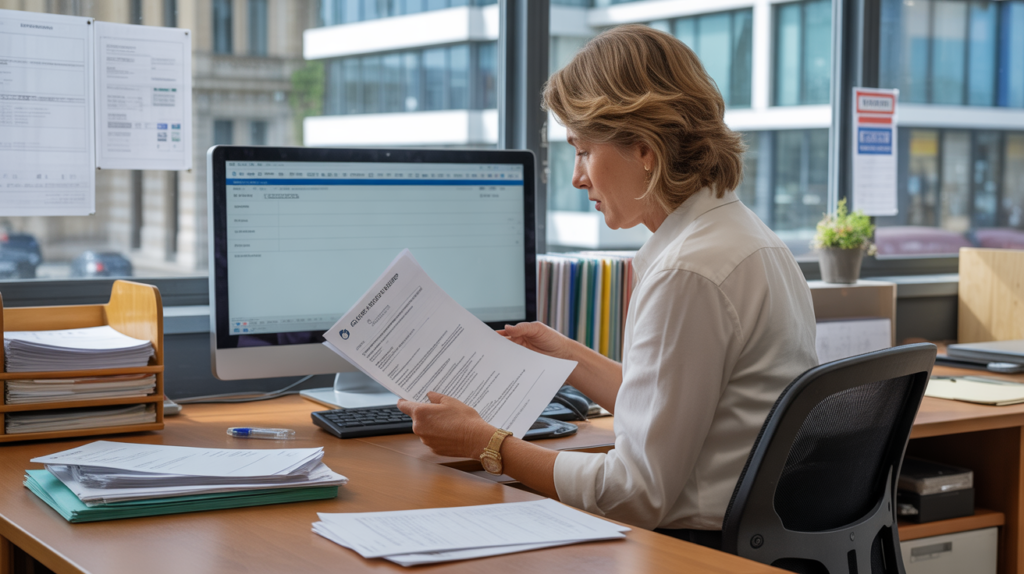 Scène réaliste dans un bureau français moderne où un entrepreneur consulte des documents officiels pour modifier les informations de son entreprise auprès de l’INPI.