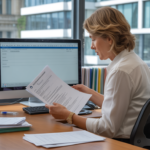 Scène réaliste dans un bureau français moderne où un entrepreneur consulte des documents officiels pour modifier les informations de son entreprise auprès de l’INPI.