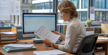 Scène réaliste dans un bureau français moderne où un entrepreneur consulte des documents officiels pour modifier les informations de son entreprise auprès de l’INPI.