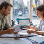 Scène réaliste dans un bureau de petite entreprise où un comptable et un dirigeant examinent des documents comptables et financiers.