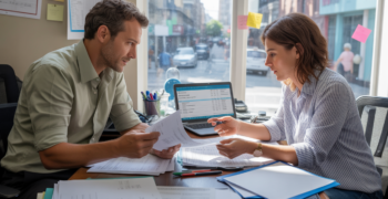 Scène réaliste dans un bureau de petite entreprise où un comptable et un dirigeant examinent des documents comptables et financiers.