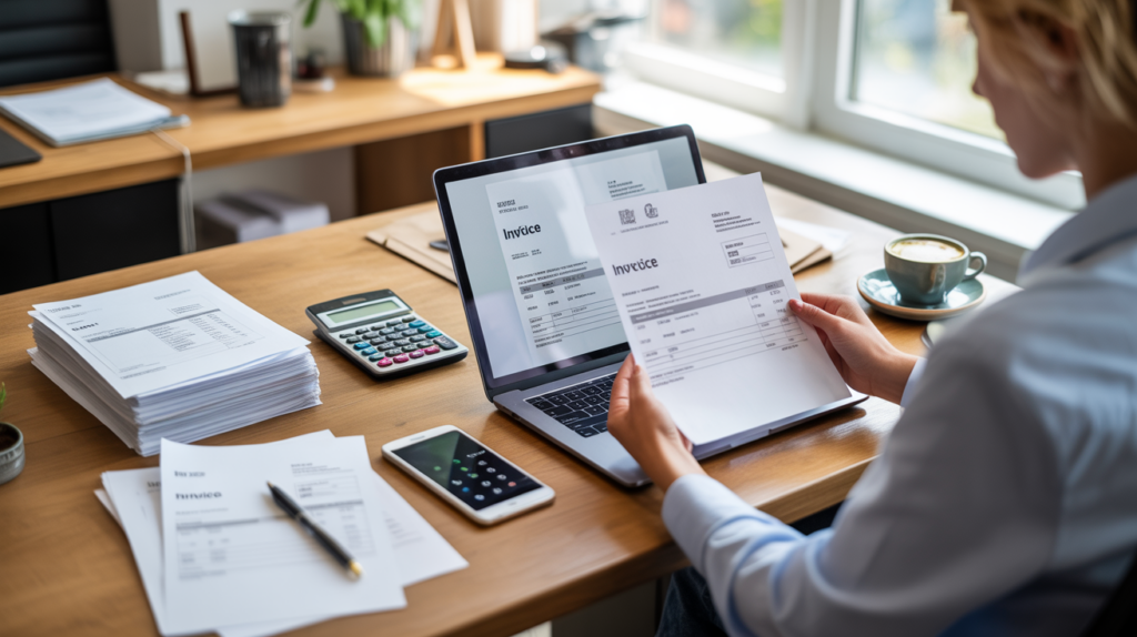 Scène de bureau réaliste avec une personne révisant une facture sur un ordinateur portable, entourée d’accessoires professionnels dans un décor lumineux et naturel.