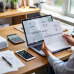 Scène de bureau réaliste avec une personne révisant une facture sur un ordinateur portable, entourée d’accessoires professionnels dans un décor lumineux et naturel.