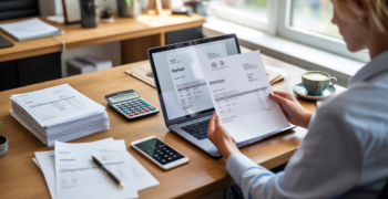 Scène de bureau réaliste avec une personne révisant une facture sur un ordinateur portable, entourée d’accessoires professionnels dans un décor lumineux et naturel.