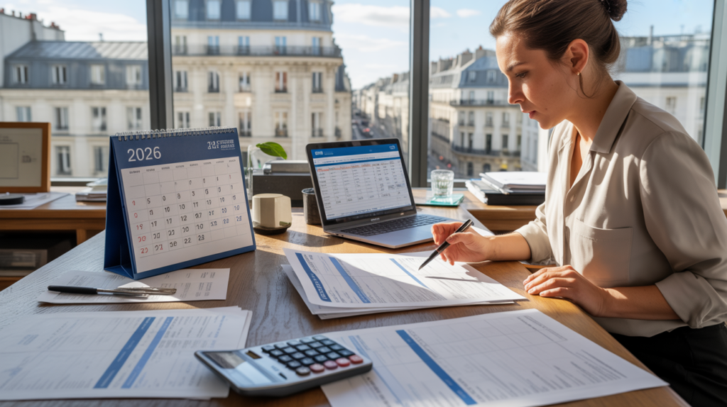 Scène réaliste dans un bureau d’entreprise où un professionnel examine des documents fiscaux 2026 avec un calendrier et un ordinateur.