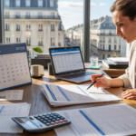 Scène réaliste dans un bureau d’entreprise où un professionnel examine des documents fiscaux 2026 avec un calendrier et un ordinateur.