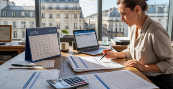 Scène réaliste dans un bureau d’entreprise où un professionnel examine des documents fiscaux 2026 avec un calendrier et un ordinateur.