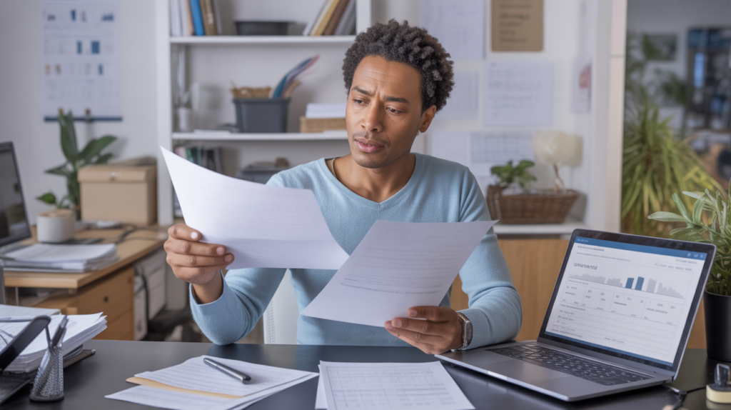 Entrepreneur français examinant des documents pour ajouter une nouvelle activité à son auto-entreprise dans un bureau lumineux et réaliste.