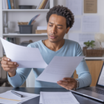 Entrepreneur français examinant des documents pour ajouter une nouvelle activité à son auto-entreprise dans un bureau lumineux et réaliste.