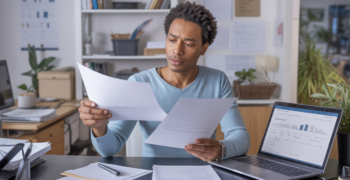 Entrepreneur français examinant des documents pour ajouter une nouvelle activité à son auto-entreprise dans un bureau lumineux et réaliste.