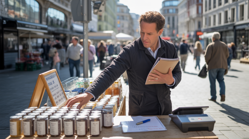 Scène réaliste d’un auto‑entrepreneur installant son stand sur une rue animée, illustrant la gestion et le respect des règles commerciales.