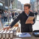 Scène réaliste d’un auto‑entrepreneur installant son stand sur une rue animée, illustrant la gestion et le respect des règles commerciales.