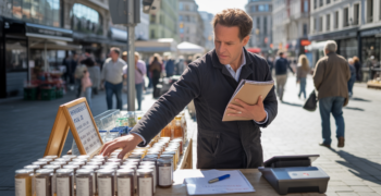 Scène réaliste d’un auto‑entrepreneur installant son stand sur une rue animée, illustrant la gestion et le respect des règles commerciales.