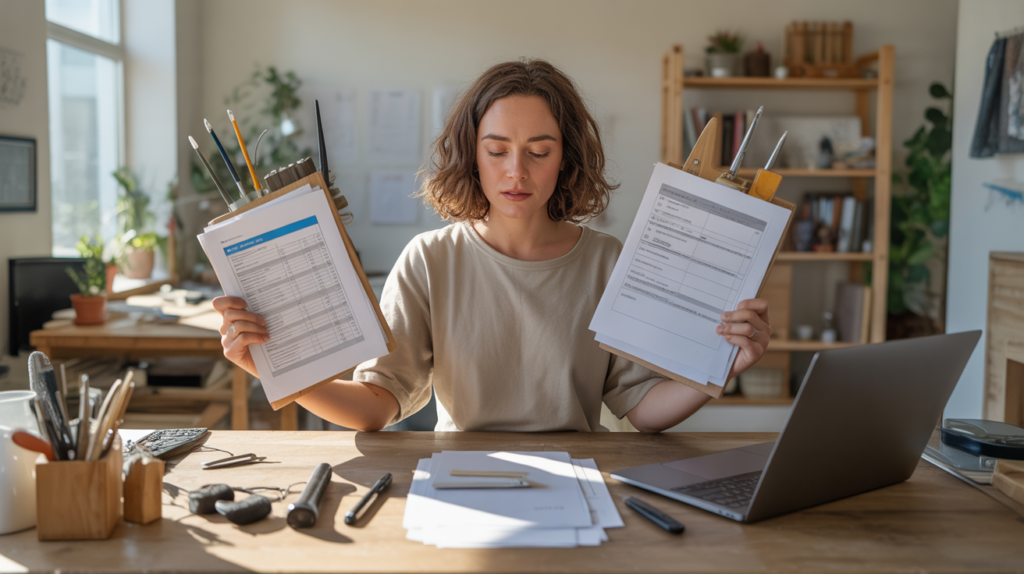 Scène réaliste montrant un auto-entrepreneur gérant plusieurs activités dans un espace de travail lumineux et authentique.