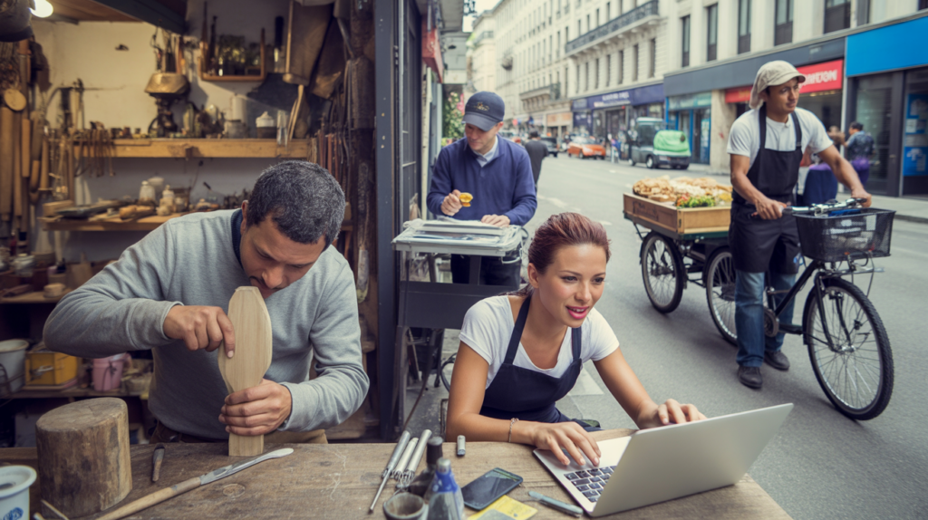 Scène réaliste montrant plusieurs auto-entrepreneurs au travail, incluant un artisan, un designer en extérieur, un livreur et un vendeur de rue, dans un environnement urbain authentique.