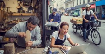 Scène réaliste montrant plusieurs auto-entrepreneurs au travail, incluant un artisan, un designer en extérieur, un livreur et un vendeur de rue, dans un environnement urbain authentique.