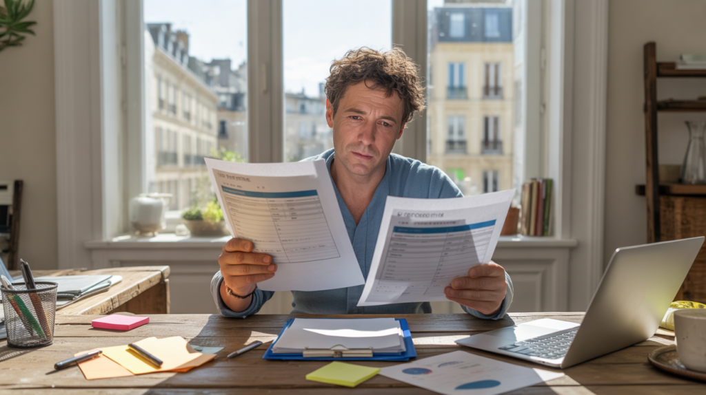Entrepreneur français examinant des documents officiels pour fermer et rouvrir une auto-entreprise dans un bureau réaliste et lumineux.