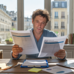 Entrepreneur français examinant des documents officiels pour fermer et rouvrir une auto-entreprise dans un bureau réaliste et lumineux.