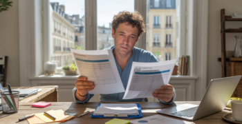 Entrepreneur français examinant des documents officiels pour fermer et rouvrir une auto-entreprise dans un bureau réaliste et lumineux.