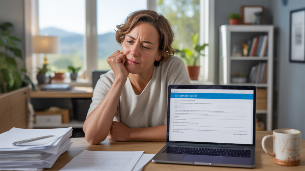 Entrepreneur complétant en ligne la cessation de son activité dans un bureau réaliste et lumineux avec ambiance naturelle.