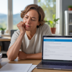Entrepreneur complétant en ligne la cessation de son activité dans un bureau réaliste et lumineux avec ambiance naturelle.