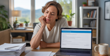 Entrepreneur complétant en ligne la cessation de son activité dans un bureau réaliste et lumineux avec ambiance naturelle.
