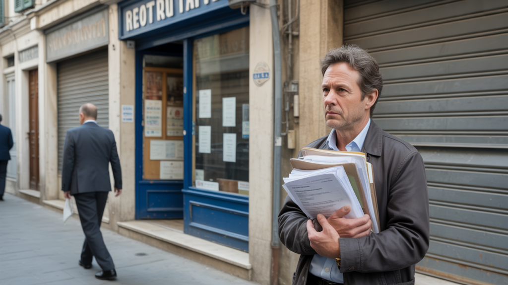 Scène réaliste d'un commerçant préoccupé devant son magasin en difficulté lors d'une liquidation judiciaire, avec documents officiels en main et façade usée.