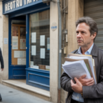 Scène réaliste d'un commerçant préoccupé devant son magasin en difficulté lors d'une liquidation judiciaire, avec documents officiels en main et façade usée.