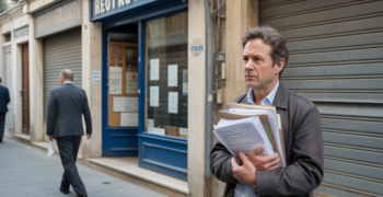 Scène réaliste d'un commerçant préoccupé devant son magasin en difficulté lors d'une liquidation judiciaire, avec documents officiels en main et façade usée.