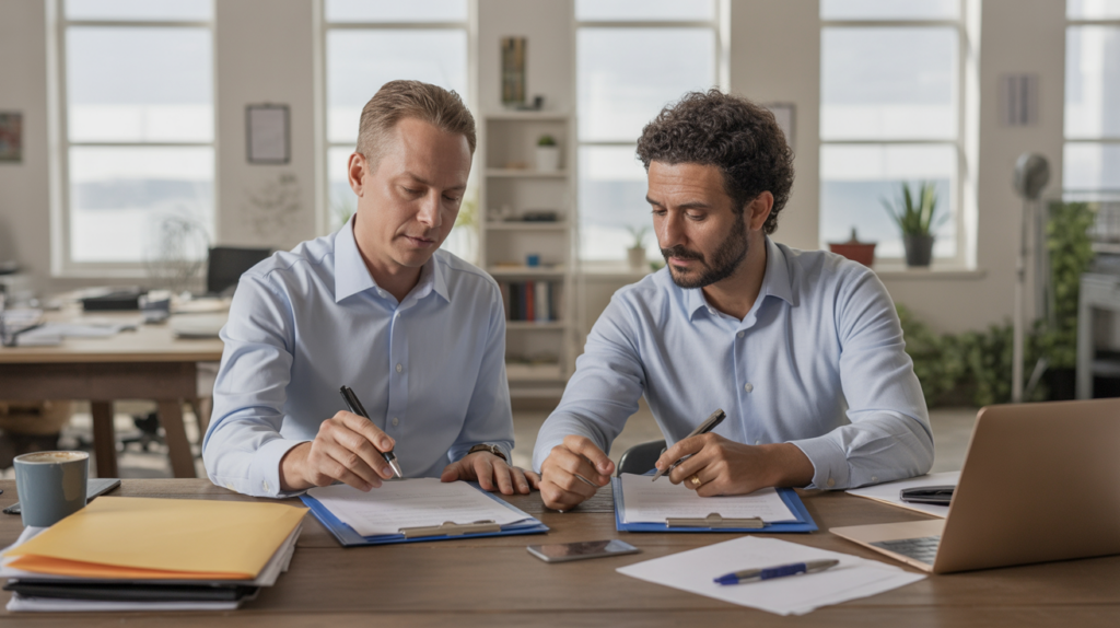 Deux associés finalisant sereinement des documents dans un bureau lumineux, illustrant une dissolution amiable et simplifiée.