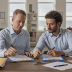 Deux associés finalisant sereinement des documents dans un bureau lumineux, illustrant une dissolution amiable et simplifiée.