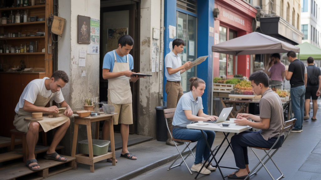 Scène réaliste montrant plusieurs auto‑entrepreneurs au travail dans une rue urbaine animée.