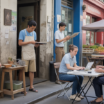 Scène réaliste montrant plusieurs auto‑entrepreneurs au travail dans une rue urbaine animée.