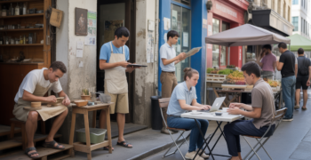 Scène réaliste montrant plusieurs auto‑entrepreneurs au travail dans une rue urbaine animée.